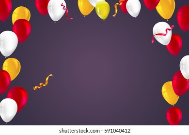 Festive background for greeting cards, presentations, commercial ad with color, inflatable balloons and streamers Stylish greetings happy birthday card with inflatable balloons, confetti and streamers