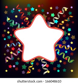 Festive background for greeting text with colored stars and spiral ribbons