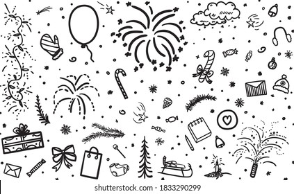 Festive background. Hand drawn christmas elements. Grunge holiday pattern. Black and white illustration