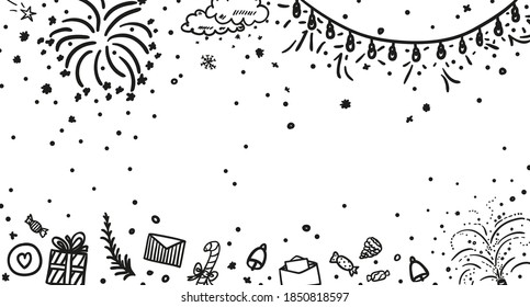 Festive background. Hand drawn christmas elements. Abstract holiday signs and objects. Freehand art. Black and white illustration