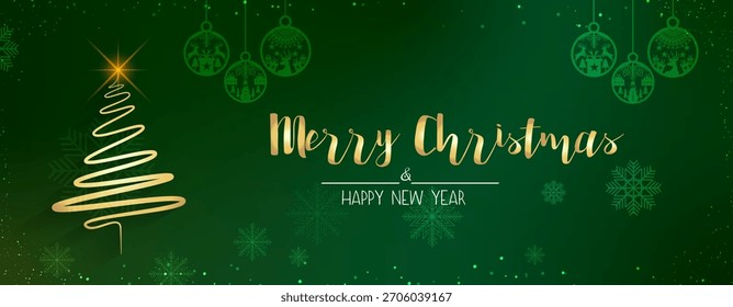 Festive background with hand drawn Christmas tree and hanging ornaments