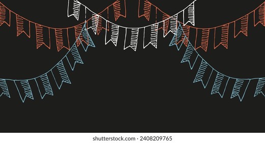 Festive Background with hand drawn Doodle Ribbons with Ribbon in France flag color. Big horizontal Birthday poster. Festival banner. Vector illustration. Art with carnival element isolated black.