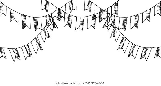 Festive Background with hand drawn Doodle Ribbons with Ribbon. Big horizontal Birthday poster. Festival banner. Vector illustration. Art with carnival element.