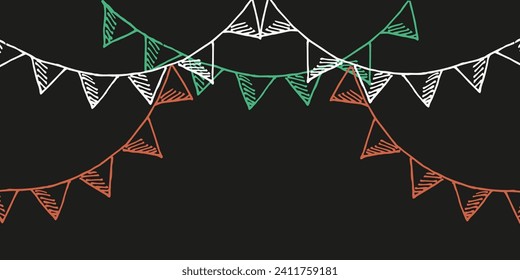 Festive Background with hand drawn Doodle Ribbons with Ribbon in Italian flag color. Big horizontal Birthday poster. Festival banner. Vector illustration. Art with carnival element isolated black.