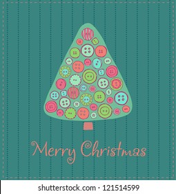 Festive background with hand drawn illustration of fir tree and sample text. Template for Christmas card with button cute spruce