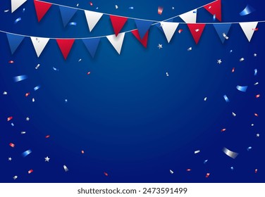 Fondo festivo con guirnaldas de banderas colgantes y confeti para las fiestas americanas. 4 de julio Día de la Independencia