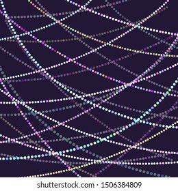 Festive background with hanging flat garlands. New Year's confetti tinsel on a dark background. Christmas vector background for cards, templates, banners and your creativity.