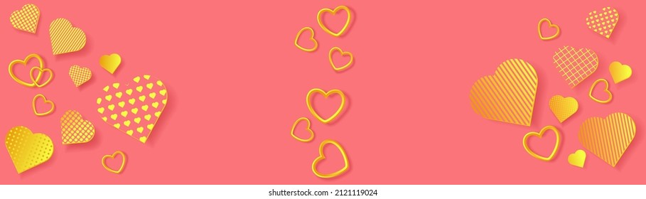 Fondo o encabezado festivo. Corazones dorados de papel en el fondo rosado