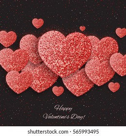 Festive background with heart made of red glitters and frame