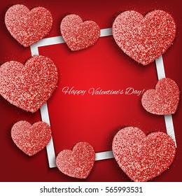 Festive background with heart made of red glitters and frame