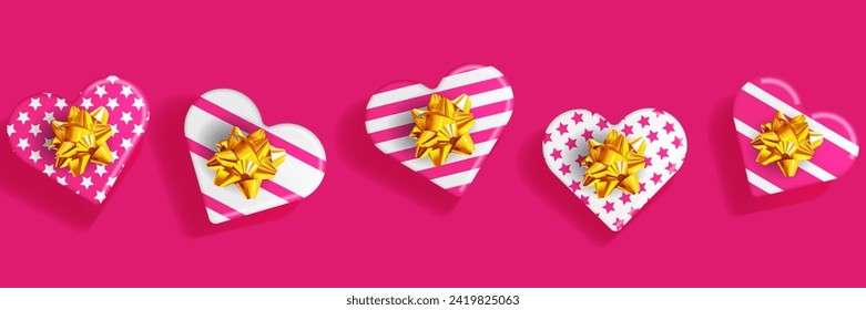 Fondo festivo. Cajas de regalo en forma de corazón con arcos dorados. Vista superior. Ilustración del vector