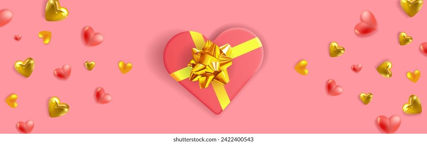 Festlicher Hintergrund. Herzförmige Geschenkbox mit goldenen Schleifen und kleinen 3D-goldenen und rosa Herzen. Draufsicht. Vektorgrafik