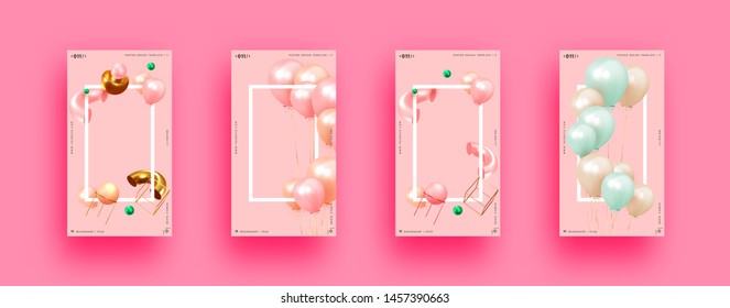 Festive background with helium balloons, 3d geometric objects. Celebrate a birthday, Poster, banner happy anniversary. copy space for text. Vector ballon, pink color. social media story template