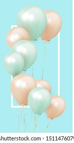 Fondo festivo con globos de helio, objetos 3d. Celebrar un cumpleaños, Afiche, banner feliz aniversario. copiar espacio para texto. Balón vectorial, color rosa y azul. plantilla de historia de medios sociales