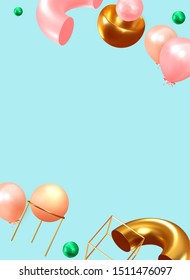 Festive background with helium balloons, 3d geometric objects. Celebrate a birthday, Poster, banner happy anniversary. copy space for text. Vector ballon, pink blue color. social media story template