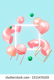 Festive background with helium balloons, 3d geometric objects. Celebrate a birthday, Poster, banner happy anniversary. copy space for text. Vector ballon, pink blue color. social media story template