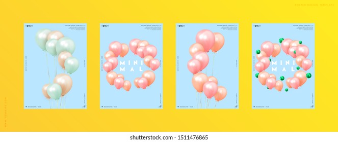 Festive background with helium balloons, 3d geometric objects. Celebrate a birthday, Poster, banner happy anniversary. copy space for text. Vector ballon, pink blue color. social media story template