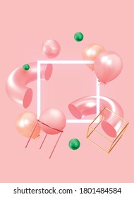 Festive background with helium balloons, 3d geometric objects. Celebrate a birthday, Poster, banner happy anniversary. copy space for text. Vector ballon, pink color. cover, banner and poster template