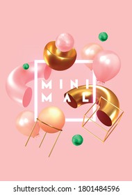 Fondo festivo con globos de helio, objetos geométricos 3d. Celebrar un cumpleaños, Afiche, banner feliz aniversario. copiar espacio para texto. Balón vector, color rosa. plantilla de portada, pancarta y afiches