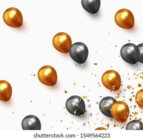 Festive background with helium balloons. Backdrop falling realistic ballon black and golden color. Celebrate a birthday, Poster, banner happy anniversary. vector illustration