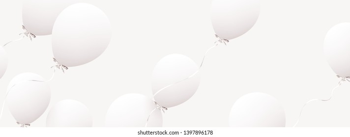 Festive background with helium balloons. Celebrate a birthday, Poster, banner happy anniversary. Realistic decorative design elements. Vector 3d object ballon with ribbon, white color. greeting card