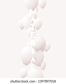 Festive background with helium balloons. Celebrate a birthday, Poster, banner happy anniversary. Realistic decorative design elements. Vector 3d object ballon with ribbon, white color. greeting card