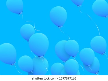 Festive background with helium balloons. Celebrate a birthday, Poster, banner happy anniversary. Realistic decorative design elements. Vector 3d object ballon with ribbon, blue color.