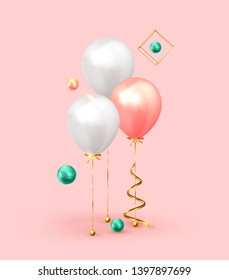 Festive background with helium balloons. Celebrate a birthday, Poster, banner happy anniversary. Realistic decorative design elements. Vector 3d object ballon with ribbon, pink and white color.