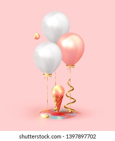 Festive background with helium balloons. Celebrate a birthday, Poster, banner happy anniversary. Realistic decorative design elements. Vector 3d object ballon with ribbon, pink and white color.