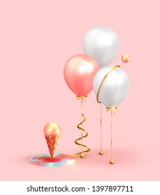 Festive background with helium balloons. Celebrate a birthday, Poster, banner happy anniversary. Realistic decorative design elements. Vector 3d object ballon with ribbon, pink and white color.