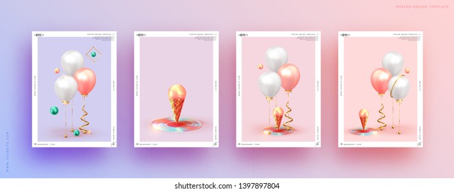 Festive background with helium balloons. Celebrate a birthday, Poster, banner happy anniversary. Realistic decorative design elements. 3d object ballon ribbon, pink, white color. vector illustration