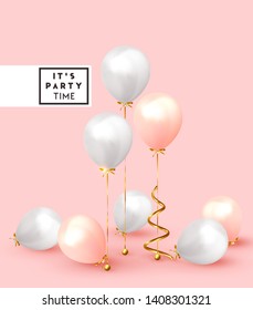 Festive background with helium balloons. Celebrate a birthday, Poster, banner happy anniversary. Realistic decorative design elements. Vector 3d object ballon with ribbon, pink and white color.