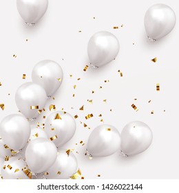 Festive background with helium balloons. Celebrate a birthday, Poster, banner happy anniversary. Realistic decorative design elements. Vector 3d object ballon, white color.