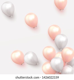 Festive background with helium balloons. Celebrate a birthday, Poster, banner happy anniversary. Realistic decorative design elements. Vector 3d object ballon, pink and white color.