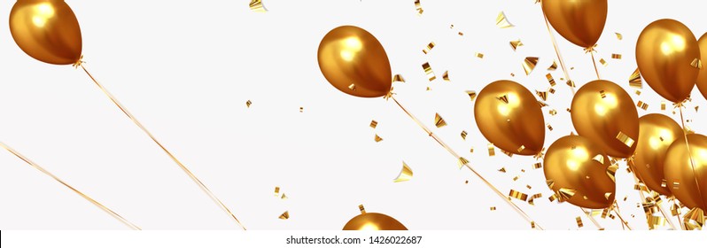 Festive background with helium balloons. Celebrate a birthday, Poster, banner happy anniversary. Realistic decorative design elements. Vector 3d object ballon, golden color. Falling shiny confetti