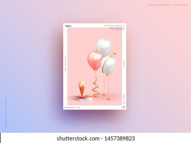 Fondo festivo con globos de helio. Celebrar un cumpleaños, Afiche, banner feliz aniversario. Elementos de diseño decorativo realistas. Balón de objetos vectoriales 3d con cinta de cinta, color rosa y blanco.