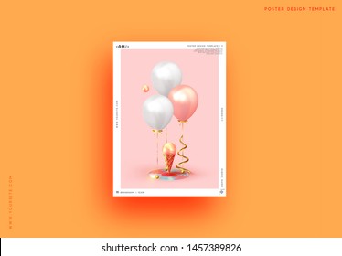 Festive background with helium balloons. Celebrate a birthday, Poster, banner happy anniversary. Realistic decorative design elements. Vector 3d object ballon with ribbon, pink and white color.