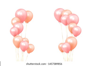 Festive background with helium balloons. Celebrate a birthday, Poster, banner happy anniversary. Realistic decorative design elements. Vector 3d object ballon with ribbon, pink and orange color.