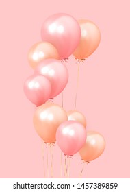 Festive background with helium balloons. Celebrate a birthday, Poster, banner happy anniversary. Realistic decorative design elements. Vector 3d object ballon with ribbon, pink and orange color.