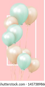 Festive background with helium balloons. Celebrate a birthday, Poster, banner happy anniversary. copy space for text. Vector 3d object ballon with ribbon, pink color.