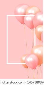 Festive background with helium balloons. Celebrate a birthday, Poster, banner happy anniversary. copy space for text. Vector 3d object ballon with ribbon, pink color.