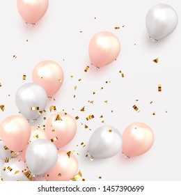 Festive background with helium balloons. Celebrate a birthday, Poster, banner happy anniversary. Realistic decorative design elements. Vector 3d object ballon, pink and white color. flight up