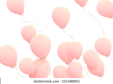 Festive background with helium balloons. Celebrate a birthday, Poster, banner happy anniversary. Realistic decorative design elements. Vector 3d object ballon with ribbon, pink color. greeting card