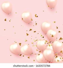 Festive background with helium balloons. Celebrate a birthday, Poster, banner happy anniversary. Realistic decorative design elements. Vector 3d object ballon, pink and rose color. flight up