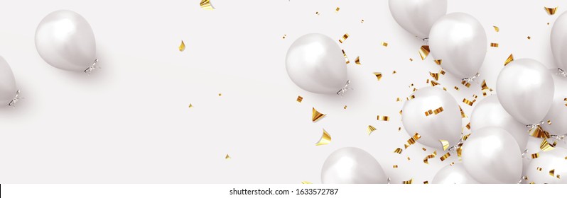 Festive background with helium balloons. Celebrate a birthday, Poster, banner happy anniversary. Realistic decorative design elements. Vector 3d object ballon, white color. flight up