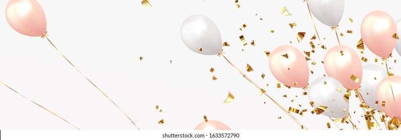 Festive background with helium balloons. Celebrate a birthday, Poster, banner happy anniversary. Realistic decorative design elements. Vector 3d object ballon, pink and white color. flight up