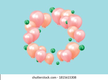 Festive background with helium balloons. Celebrate a birthday, Poster, banner happy anniversary. Realistic decorative design elements. Vector 3d object ballon, pink and orange color.