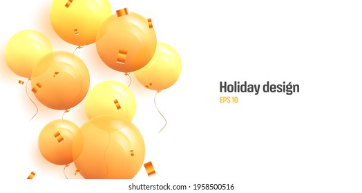 Festive background with helium round yellow balloons and golden confetti on white backdrop with place for copy. greeting card template