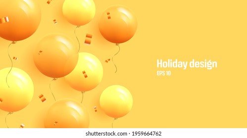 Festive background with helium round yellow balloons and confetti. Celebrate birthday poster, banner happy anniversary