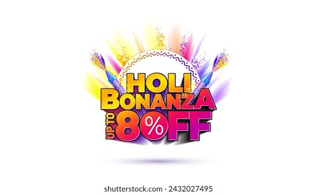 Festive background with Holi bonanza 80% off 3d Text. Holi sale offer deal discount logo concept.